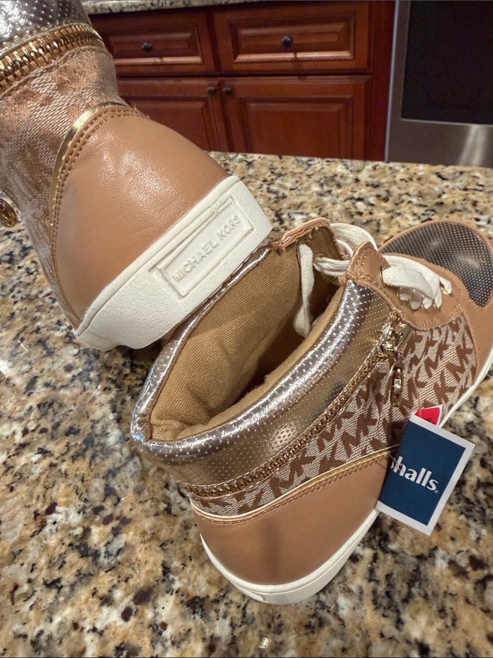 Michael Kors Taupe and Metallic High-Top Sneakers MK logo 5 NEW NWT - Picture 3 of 7
